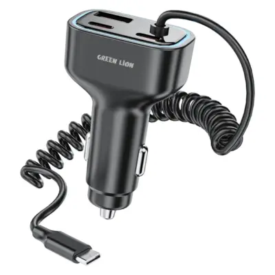 Green Lion 90W Car Charger with Dual PD & Built-In USB-C Cable & USB-A