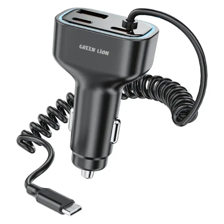 Green Lion 90W Car Charger with Dual PD & Built-In USB-C Cable & USB-A