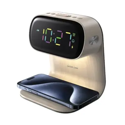 Green Lion Bedside Clock with Wireless Charger - Wood