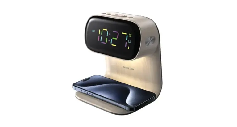 Green Lion Bedside Clock with Wireless Charger - Wood