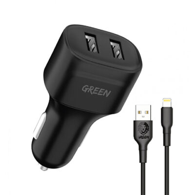 Green Lion Dual Port Car Charger 12W with PVC Lightning Cable 1.2M