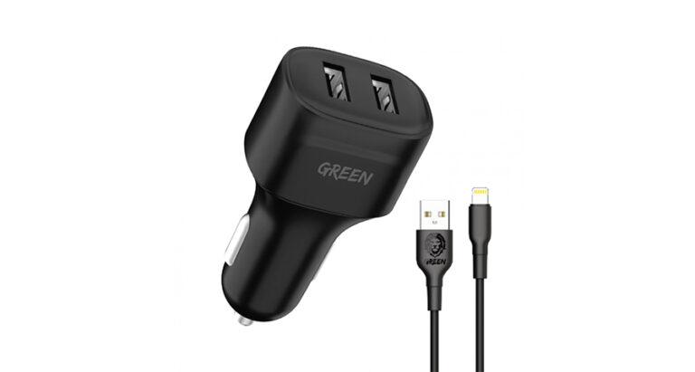 Green Lion Dual Port Car Charger 12W with PVC Lightning Cable 1.2M