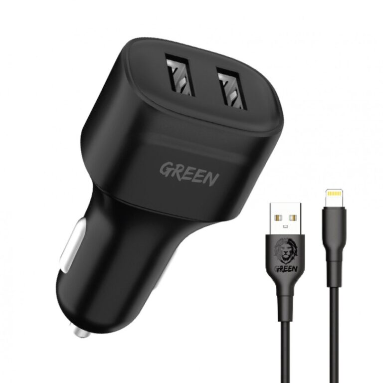 Green Lion Dual Port Car Charger 12W with PVC Lightning Cable 1.2M