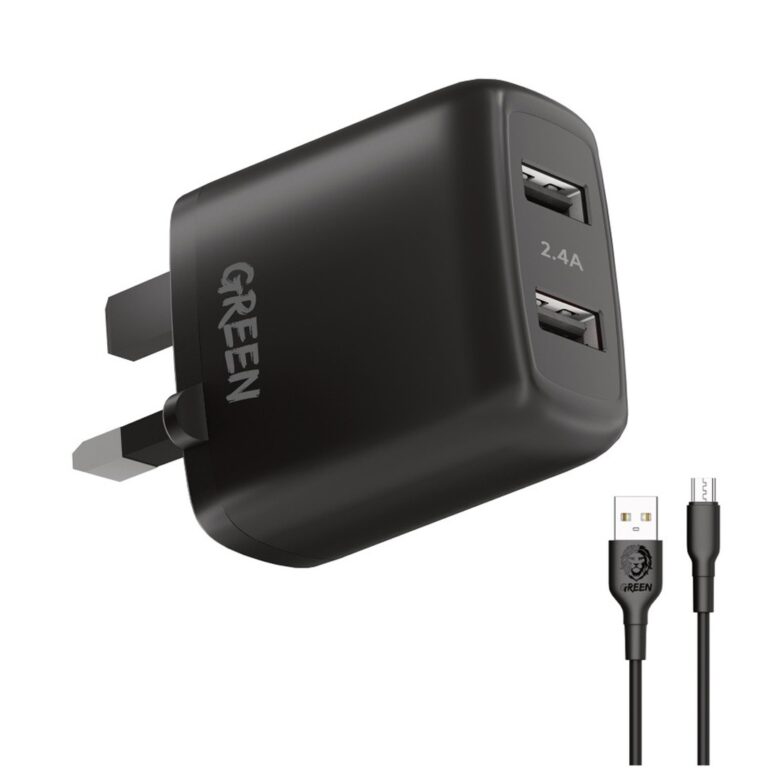 Green Lion Dual USB Port Wall Charger 12W UK with PVC Micro USB Cable 1.2M