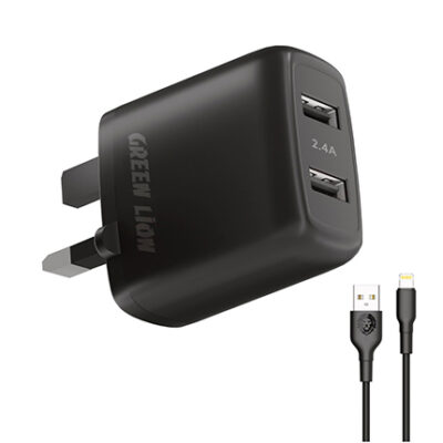 Green Lion Dual USB Port Wall Charger 12W UK with PVC Lightning Cable 1.2M