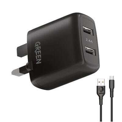 Green Lion Dual USB Port Wall Charger 12W UK with PVC Micro USB Cable 1.2M