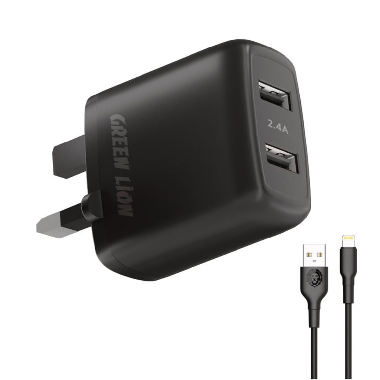 Green Lion Dual USB Port Wall Charger 12W UK with PVC Lightning Cable 1.2M