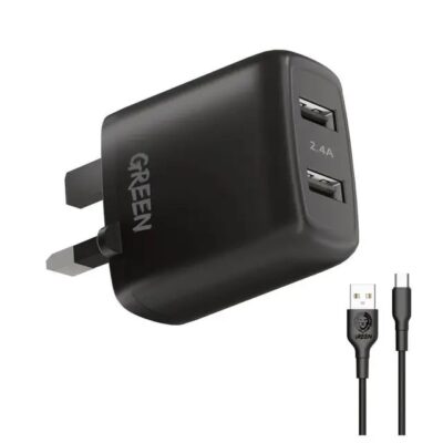 Green Lion Dual USB Port Wall Charger 12W UK with PVC Type-C Cable 1.2M