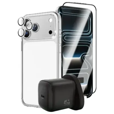 Green Lion GaN Charger, Screen Protector, Clear Case and Camera Lens Prime Combo for iPhone 17 Pro/Pro Max