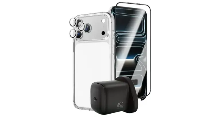 Green Lion GaN Charger, Screen Protector, Clear Case and Camera Lens Prime Combo for iPhone 17 Pro/Pro Max