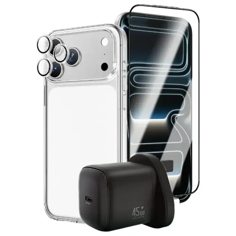Green Lion GaN Charger, Screen Protector, Clear Case and Camera Lens Prime Combo for iPhone 17 Pro/Pro Max