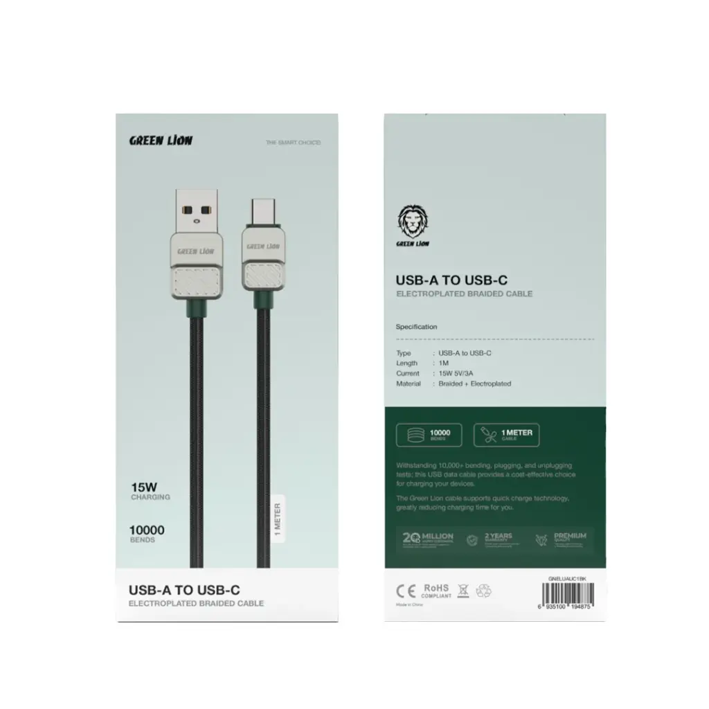 Green Lion USB A to Type-C Cable Electroplated + Braided 1m 15W