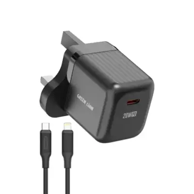 Green Lion Ultra Compact GaN Wall Charger UK Pin USB-C 20W with C to L