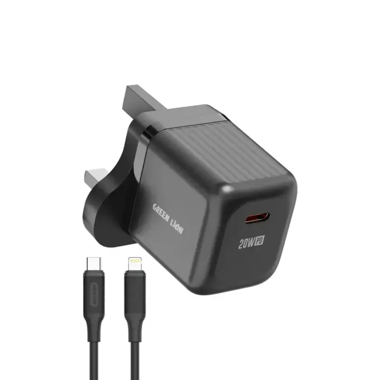 Green Lion Ultra Compact GaN Wall Charger UK Pin USB-C 20W with C to L