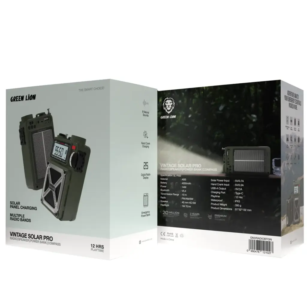 Green Lion Vintage Solar Pro Radio | Speaker | Power Bank | Compass | Flashlight