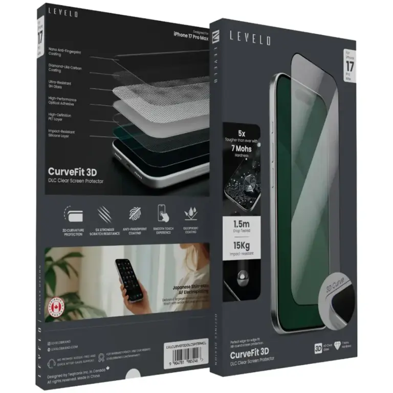 Levelo CurveFit 3D DLC Screen Protector for iPhone 17 Pro Max - Clear