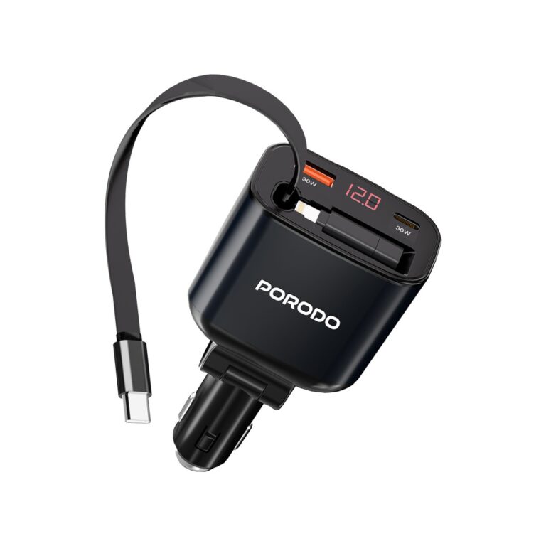 Porodo 105W Car Charger With Retractable Cable and Digital Display