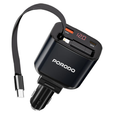 Porodo 105W Car Charger With Retractable Cable and Digital Display