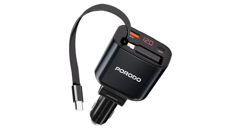 Porodo 105W Car Charger With Retractable Cable and Digital Display