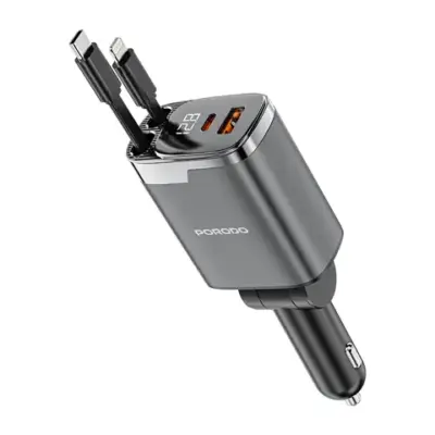 Porodo 111W Car Charger with Lightning & Type-C Retractable Cables