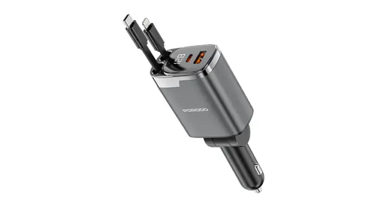 Porodo 111W Car Charger with Lightning & Type-C Retractable Cables
