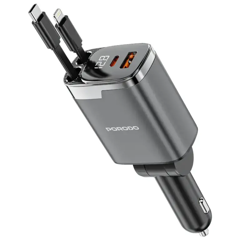 Porodo 111W Car Charger with Lightning & Type-C Retractable Cables