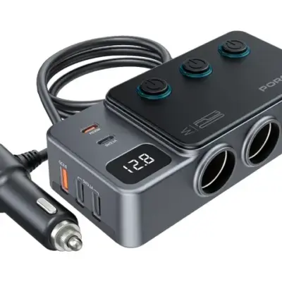 Porodo 120W Car Charger Hub Triple-Port Lighter Socket - Dark Gray