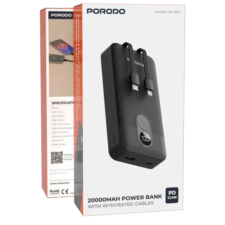 Porodo 20000mAh Powerbank with Integrated Cable