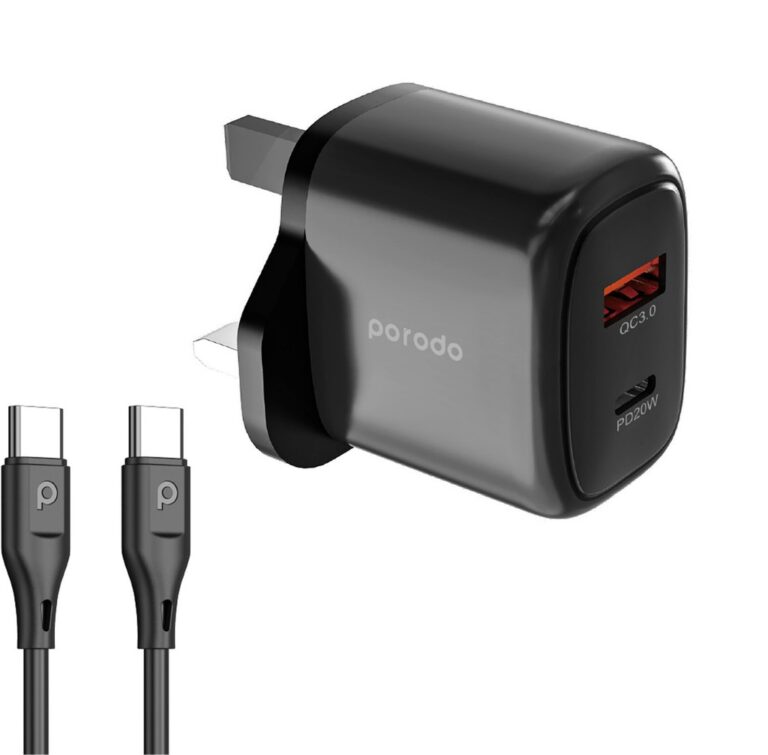 Porodo 20W+QC USB A+C Charger UK with C-C 1.2M Cable