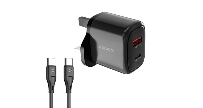 Porodo 20W+QC USB A+C Charger UK with C-C 1.2M Cable
