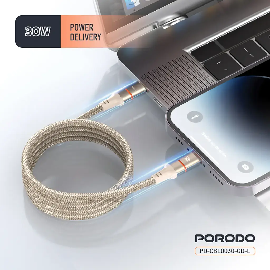 Porodo 30W Type-C to Lightning Magnetic Braided Cable 3M