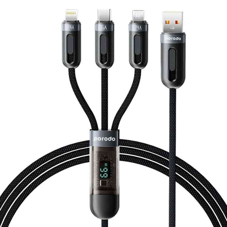 Porodo 3-IN-1 Digital-Display Fast Charging 1.2M Cable A to C+L+M