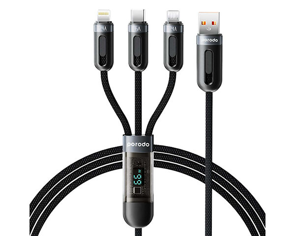 Porodo 3-IN-1 Digital-Display Fast Charging 1.2M Cable A to C+L+M
