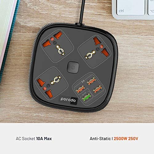 Porodo 3 USB Port 3A + 1 QC 3.0 with 3 Universal Power Sockets 10A
