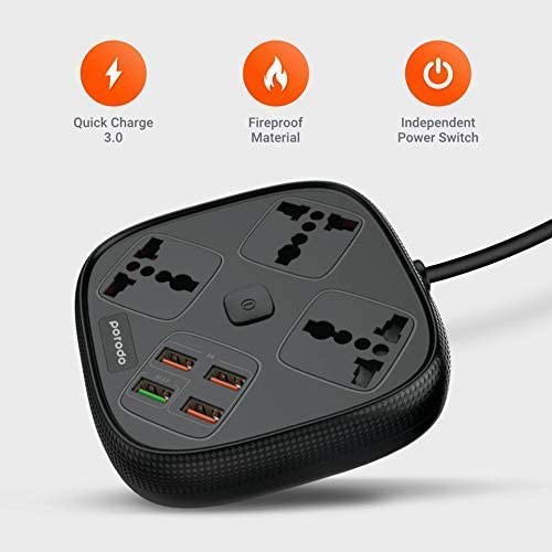 Porodo 3 USB Port 3A + 1 QC 3.0 with 3 Universal Power Sockets 10A