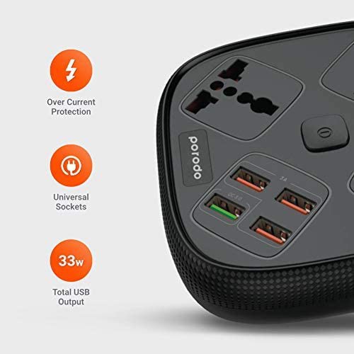 Porodo 3 USB Port 3A + 1 QC 3.0 with 3 Universal Power Sockets 10A