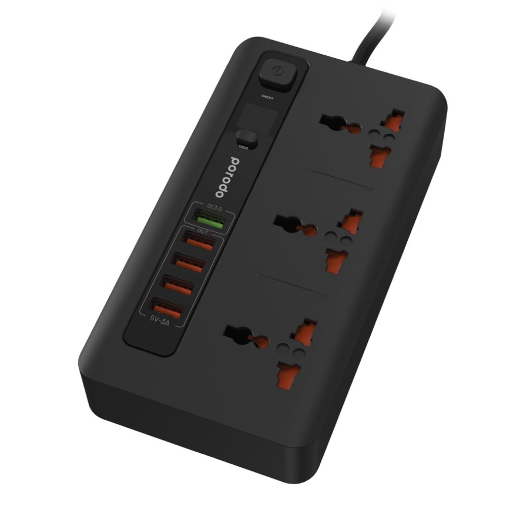 Porodo 4 USB Port 3.4A + 1 QC 3.0 with 3 Universal Power Sockets 10A