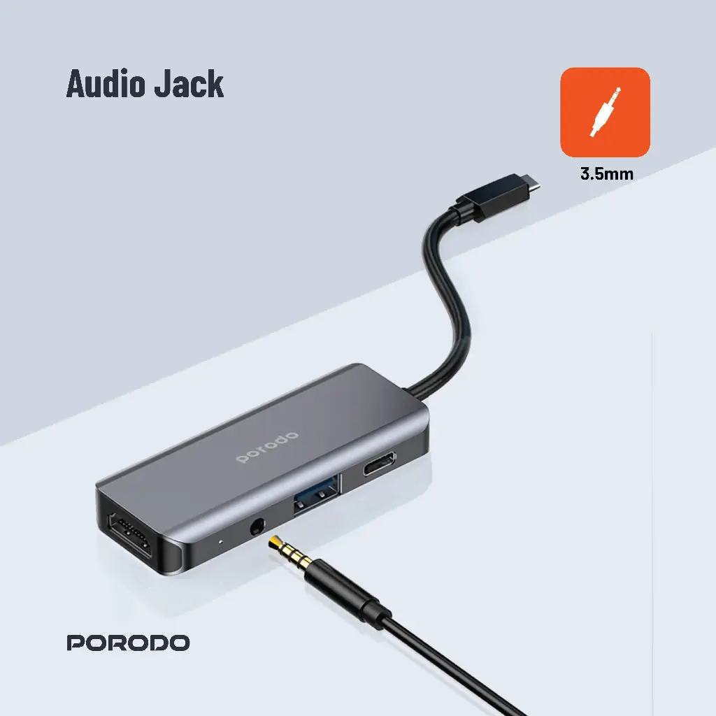 Porodo 4in1 USB-C Hub Type-C PD 100W HDMI USB 3.5mm Aux