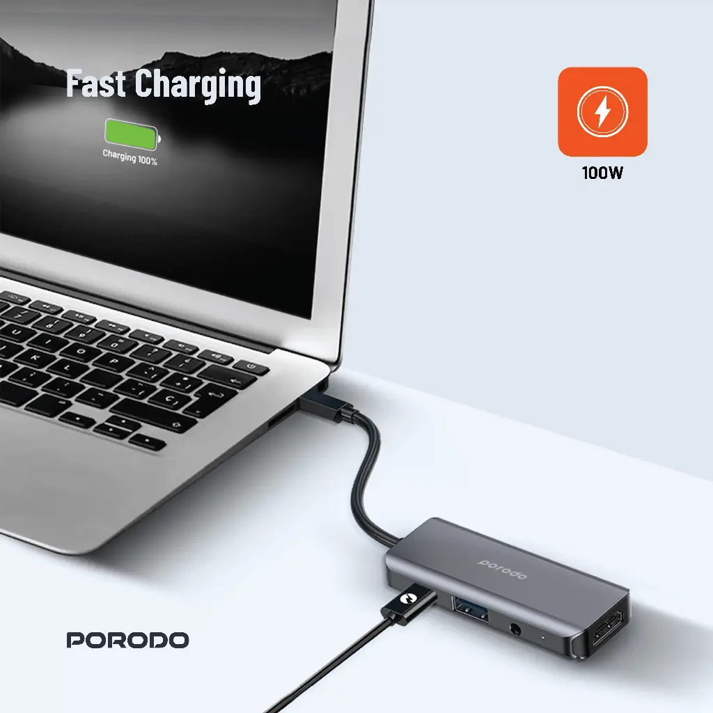 Porodo 4in1 USB-C Hub Type-C PD 100W HDMI USB 3.5mm Aux