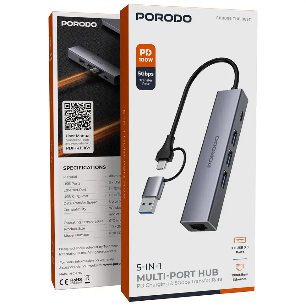 Porodo 5-IN-1 Multi-Port Hub PD Charging & 5Gbps Transfer Rate