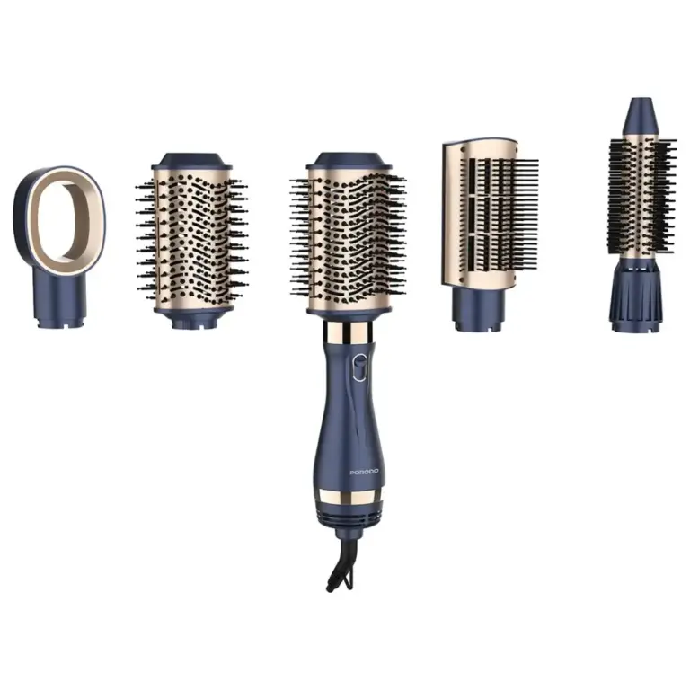 Porodo 5-In-1 Hot Air Brush Styling Set with Straightening & Curling Tool - Blue & Gold