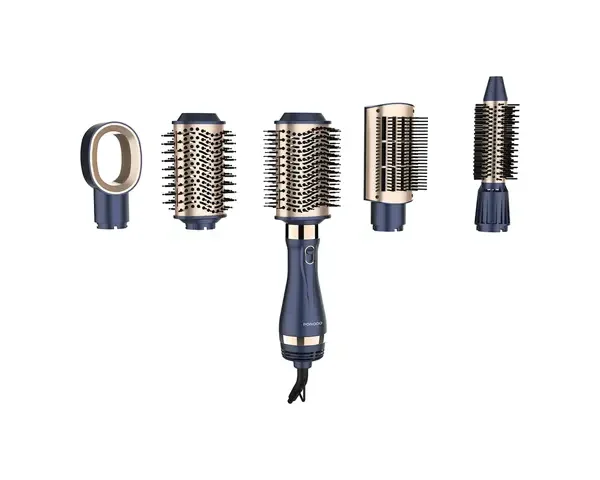 Porodo 5-In-1 Hot Air Brush Styling Set with Straightening & Curling Tool - Blue & Gold