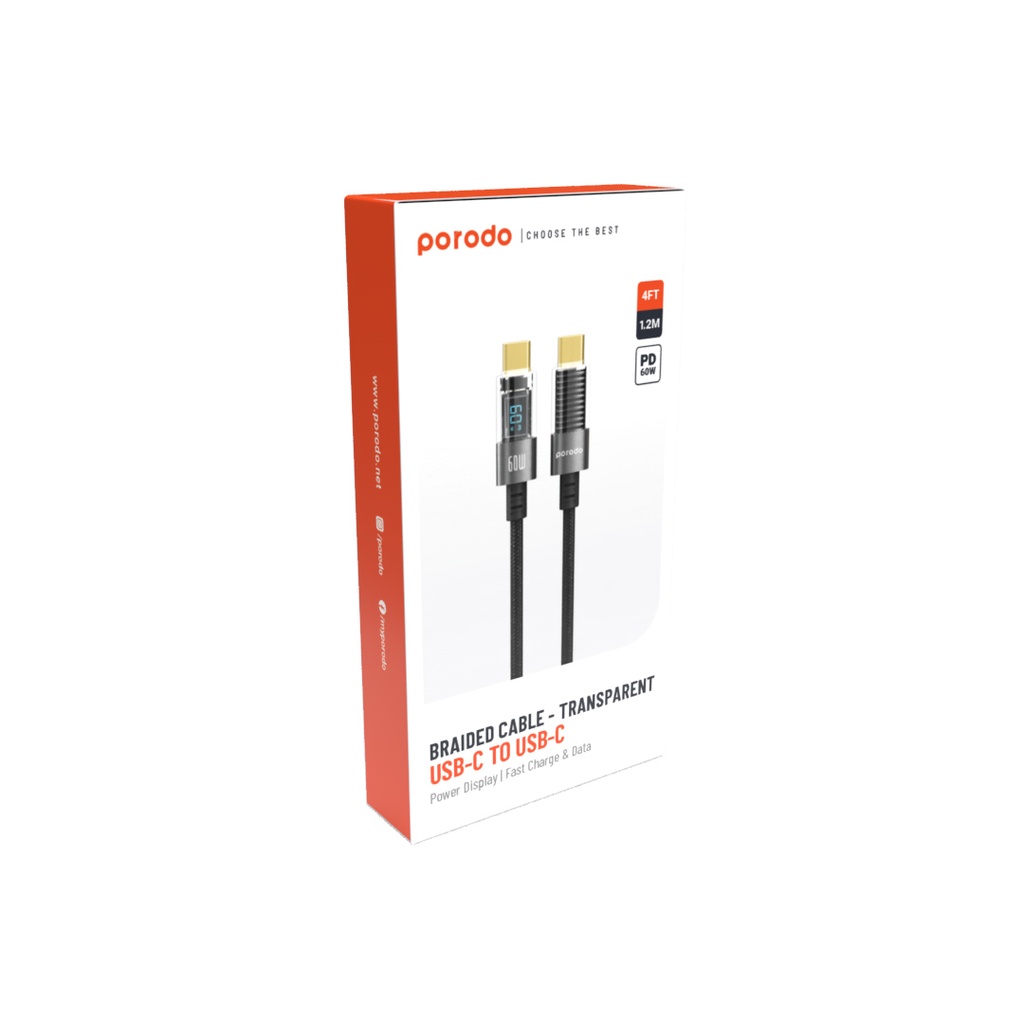 Porodo 60W Type-C to Type-C Braided Cable with PD Display 1.2M