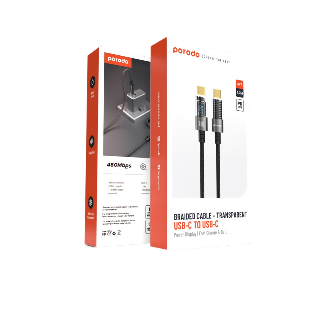 Porodo 60W Type-C to Type-C Braided Cable with PD Display 1.2M