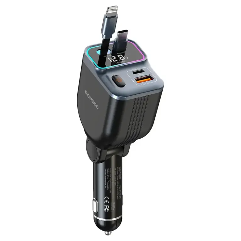 Porodo 65W Car Charger Dual Retractable Cable