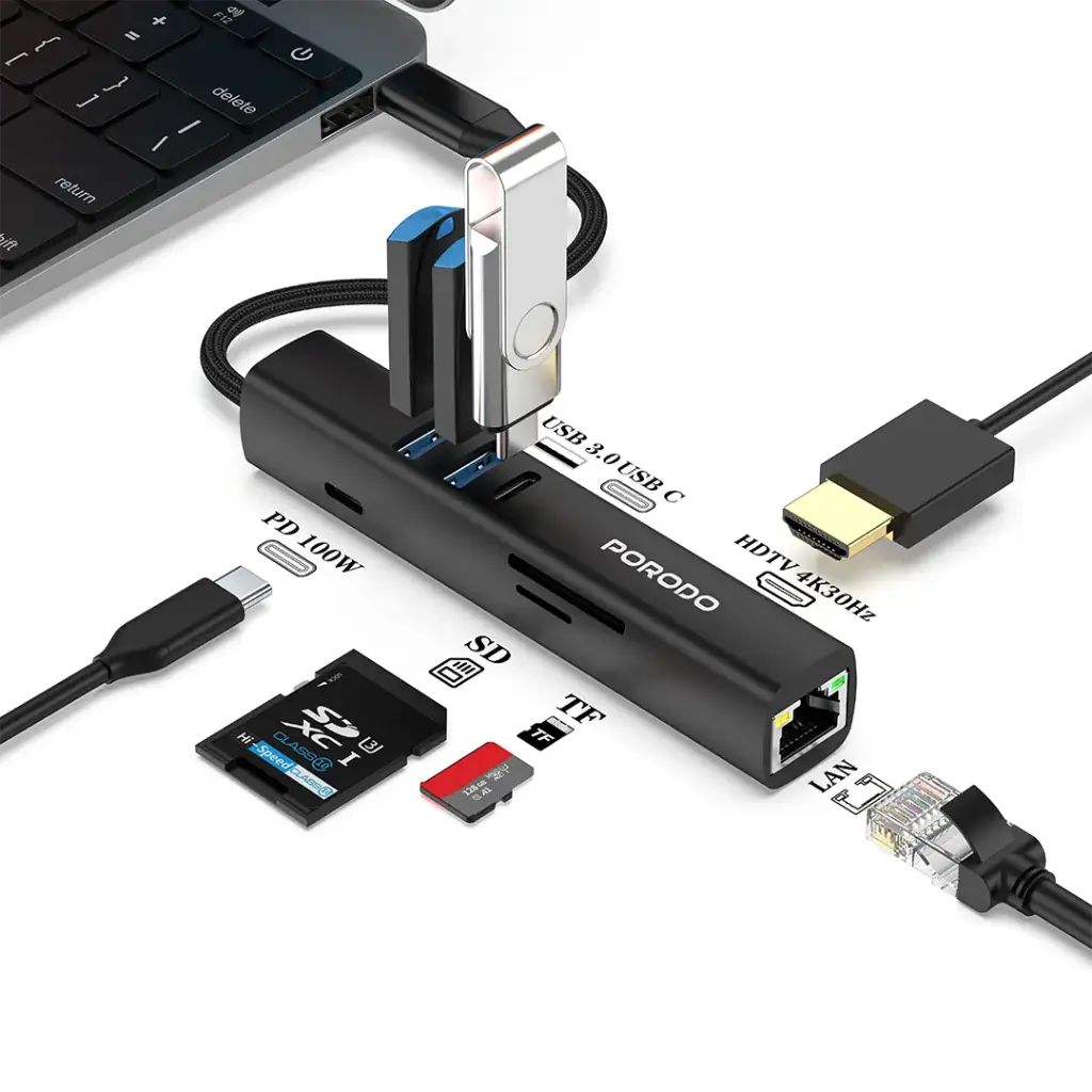 Porodo 8-In-1 Multi-Port USB Hub with 5Gbps Transfer Speed