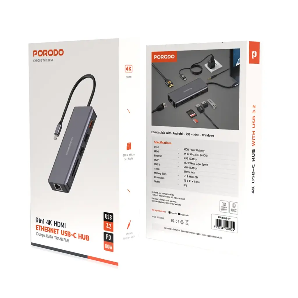Porodo 9in1 USB-C Hub Type-C PD 100W HDMI Ethernet USB SD Card 3.5mm Aux
