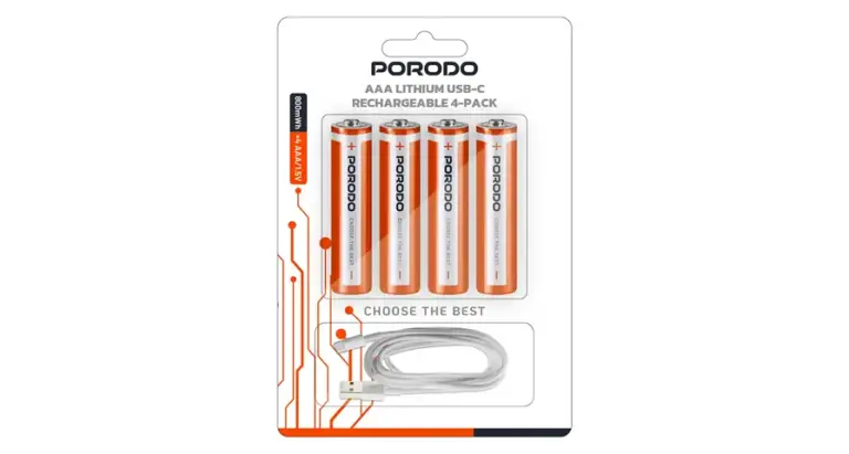 Porodo AAA Lithium USB-C Rechargeable 4-Pack - White/Orange