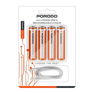 Porodo AA Lithium USB-C Rechargeable 4-Pack - White/Orange