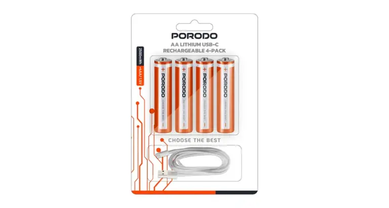 Porodo AA Lithium USB-C Rechargeable 4-Pack - White/Orange